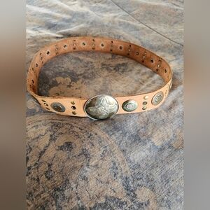 Leather Vintage Belt With Silver Buckle Copper, Silver, Brass Rough Cut Conchos